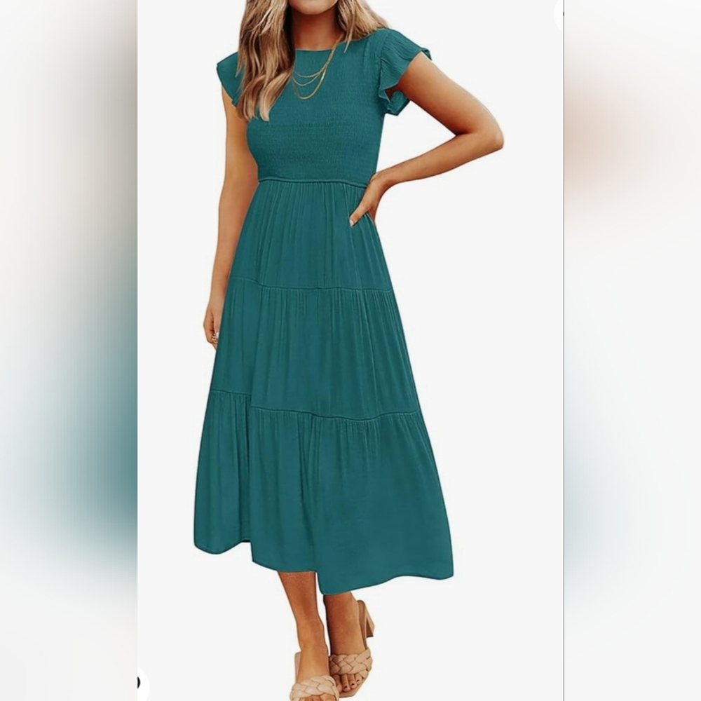 NEW Casual Flutter Short Sleeve Crew Neck Smocked Elastic Waist Tier Midi Dress